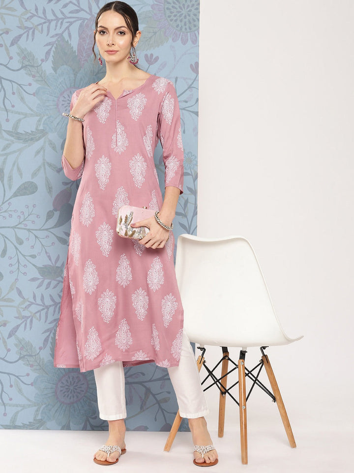 Ethnic Motifs Round Neck Viscose Rayon Straight Kurta-Yufta Store-1482KURPRS