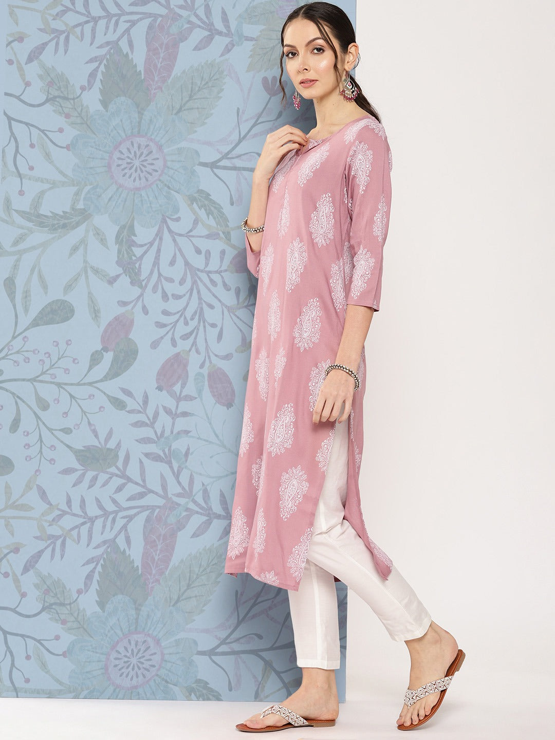 Ethnic Motifs Round Neck Viscose Rayon Straight Kurta-Yufta Store-1482KURPRS