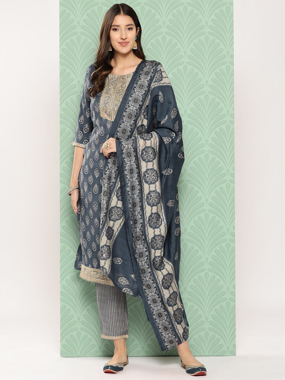 Ethnic Motifs Yoke Design Regular Chanderi Silk Kurta with Trousers & Dupatta-Yufta Store-1530SKDBLS