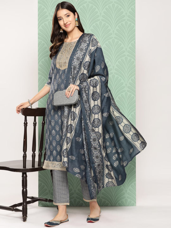 Ethnic Motifs Yoke Design Regular Chanderi Silk Kurta with Trousers & Dupatta