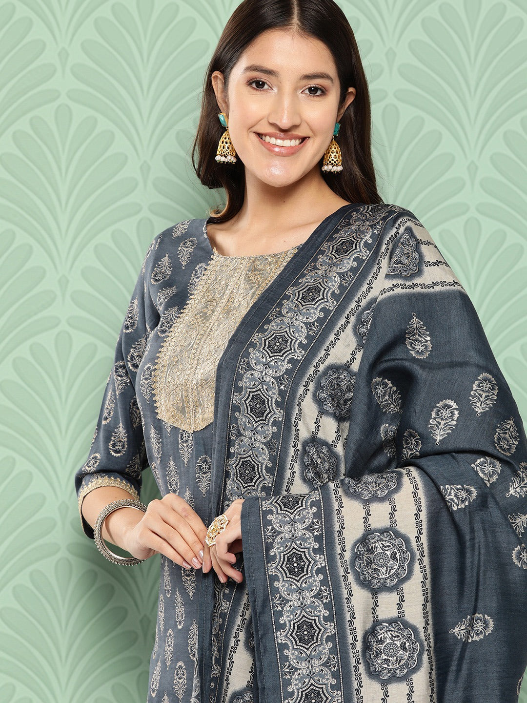 Ethnic Motifs Yoke Design Regular Chanderi Silk Kurta with Trousers & Dupatta