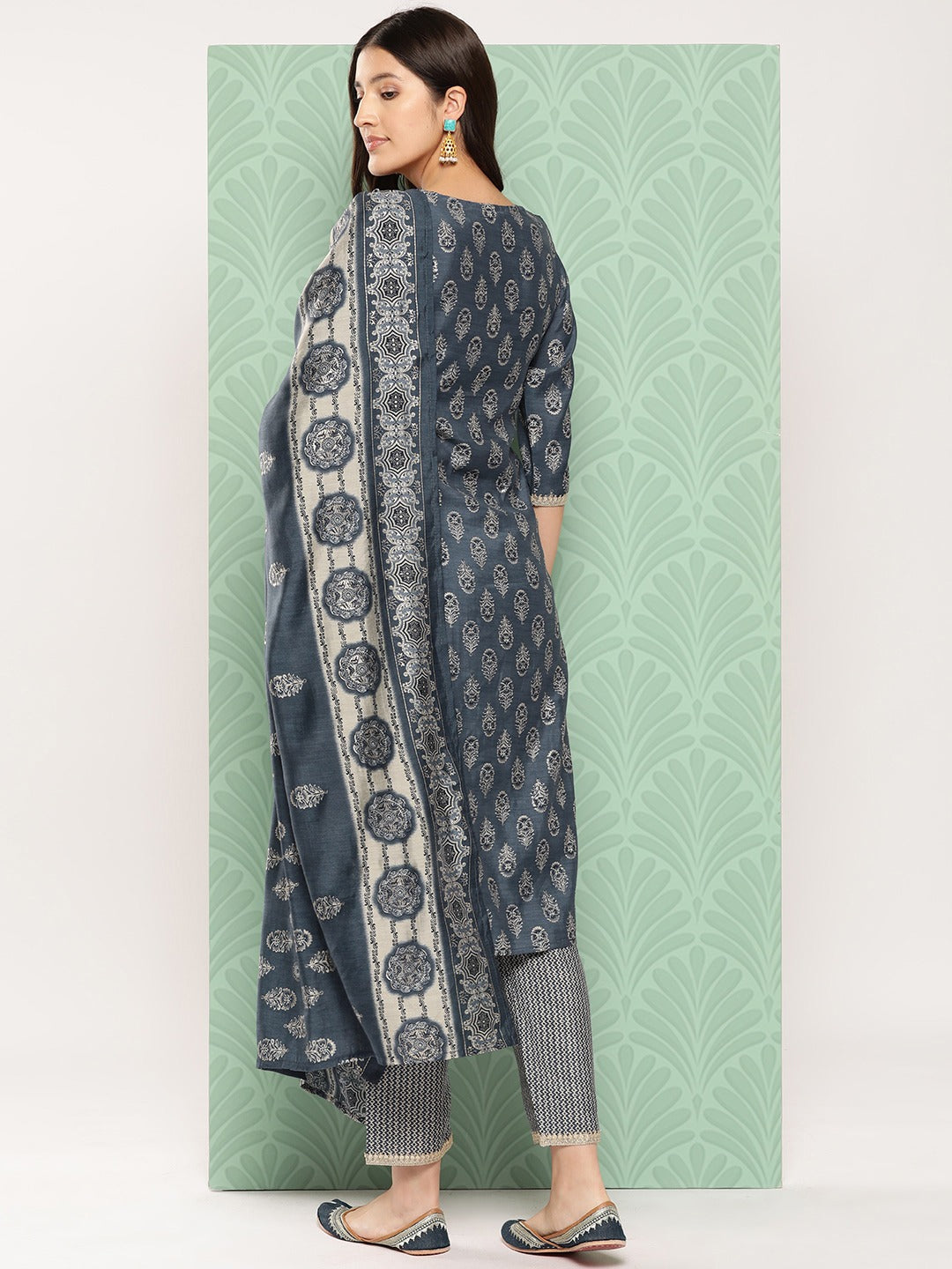 Ethnic Motifs Yoke Design Regular Chanderi Silk Kurta with Trousers & Dupatta