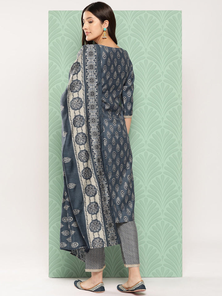 Ethnic Motifs Yoke Design Regular Chanderi Silk Kurta with Trousers & Dupatta-Yufta Store-1530SKDBLS