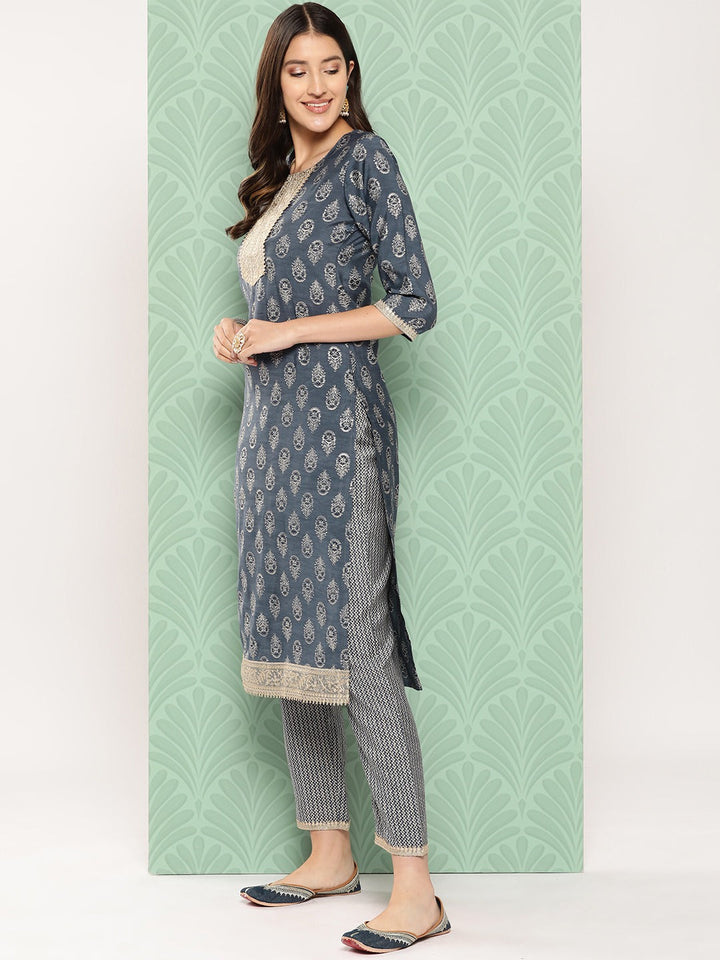 Ethnic Motifs Yoke Design Regular Chanderi Silk Kurta with Trousers & Dupatta-Yufta Store-1530SKDBLS