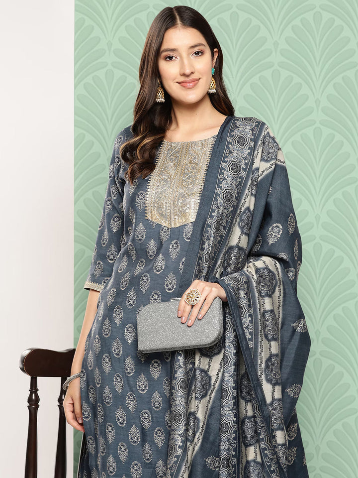 Ethnic Motifs Yoke Design Regular Chanderi Silk Kurta with Trousers & Dupatta