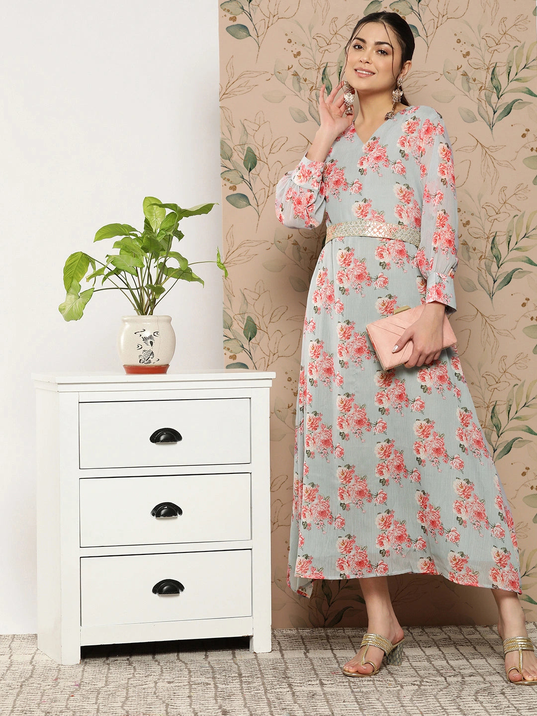 Floral Chiffon A-Line Midi Dress-Yufta Store-8514DRSGYS