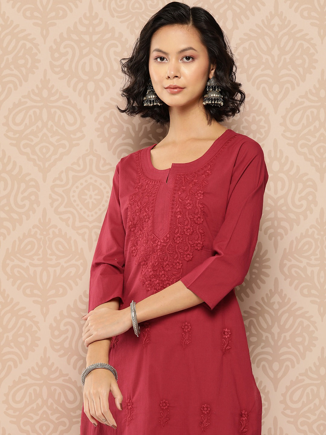 Floral Embroidered Chikankari Cotton Kurta-Yufta Store-1285KURBLS