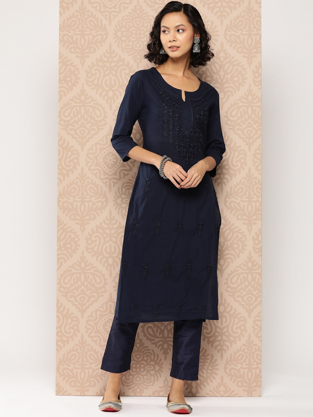 Floral Embroidered Chikankari Cotton Kurta-Yufta Store-1285KURBLS