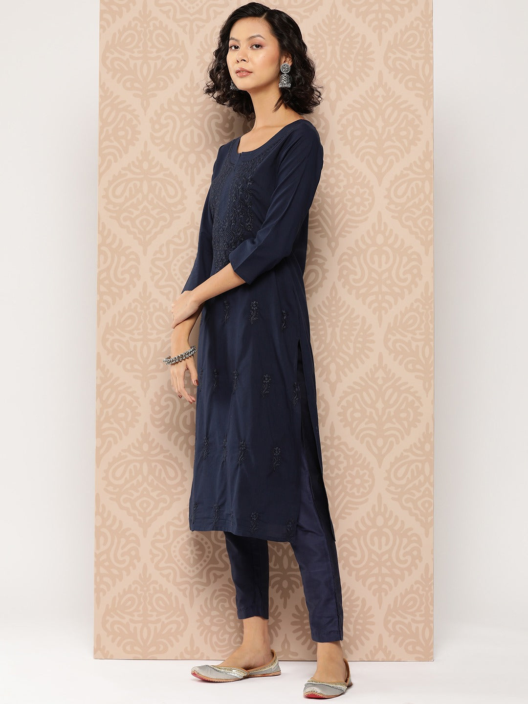 Floral Embroidered Chikankari Cotton Kurta-Yufta Store-1285KURBLS