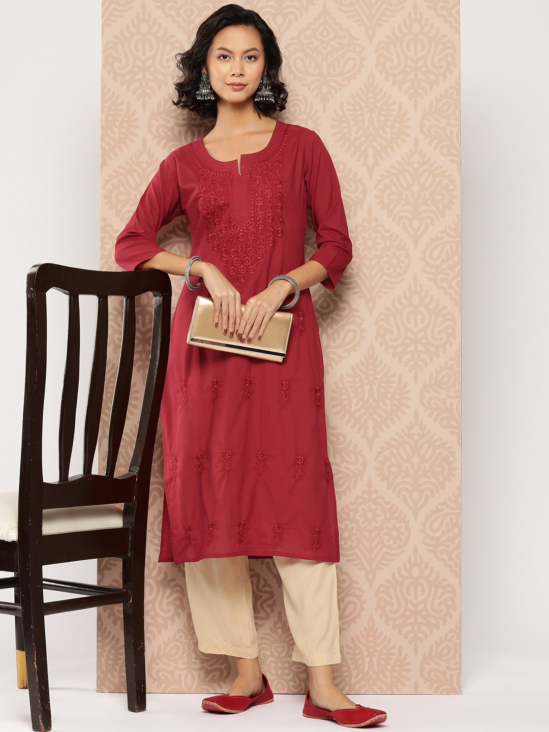 Floral Embroidered Chikankari Cotton Kurta-Yufta Store-1285KURBLS