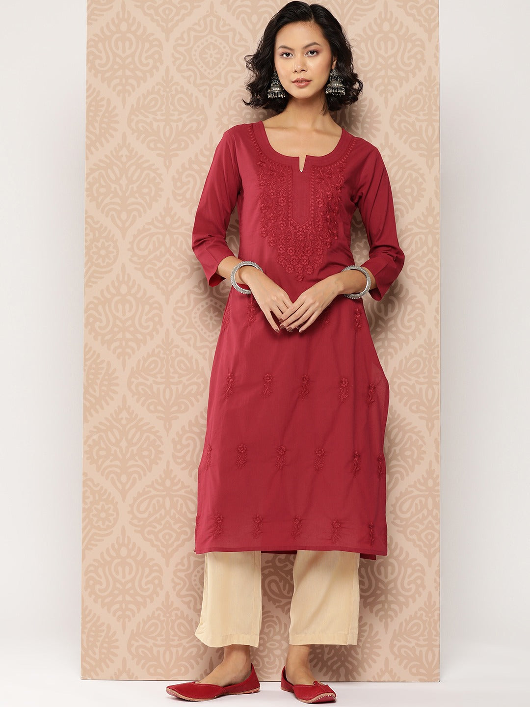 Floral Embroidered Chikankari Cotton Kurta-Yufta Store-1285KURBLS