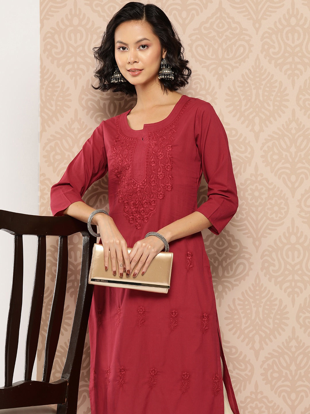 Floral Embroidered Chikankari Cotton Kurta-Yufta Store-1285KURBUGS