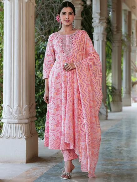 Floral Embroidered Pure Cotton Kurta with Trousers & With Dupatta-Yufta Store-1331SKDPKS