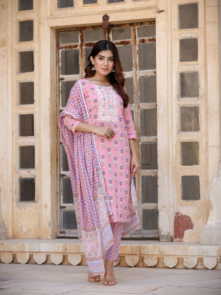 Floral Embroidered Regular Pure Cotton Kurta with Trousers & With Dupatta-Yufta Store-1448SKDPCS