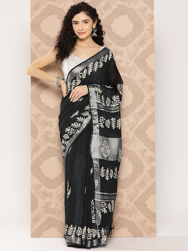 Floral Handwoven Pure Cotton Saree-Yufta Store-1319SARBK