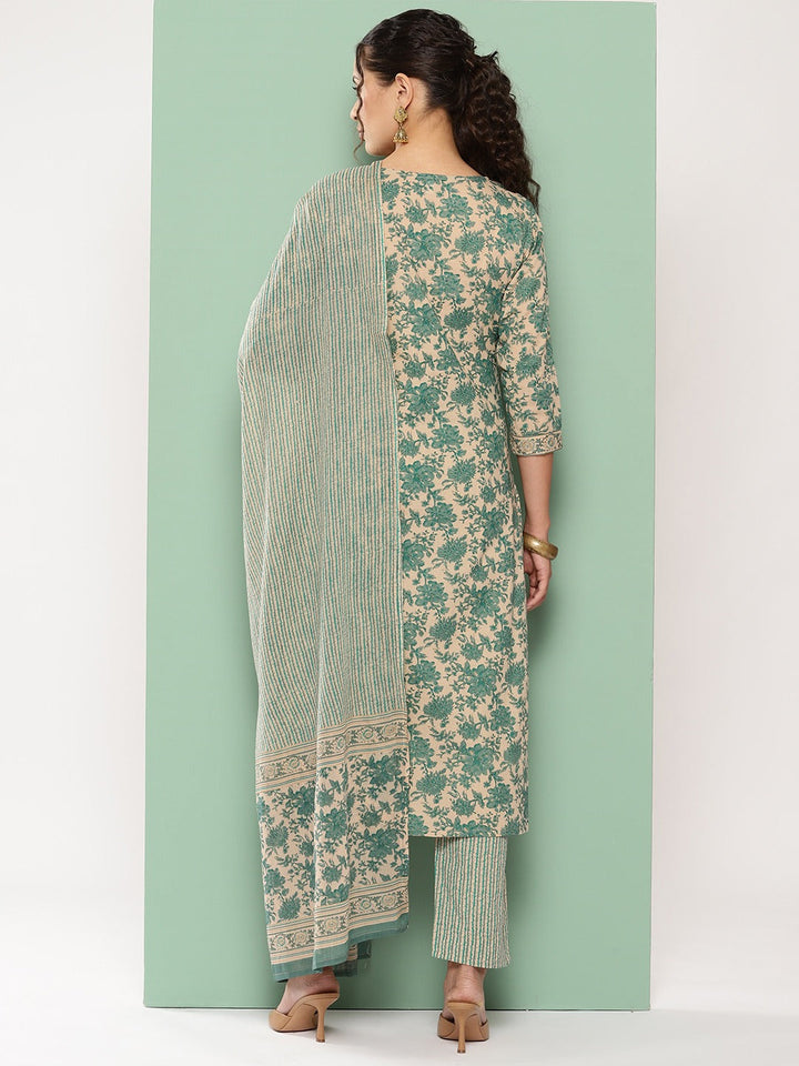 Floral Print Cotton Kurta with Trousers & Dupatta-Yufta Store-1353SKDPCS