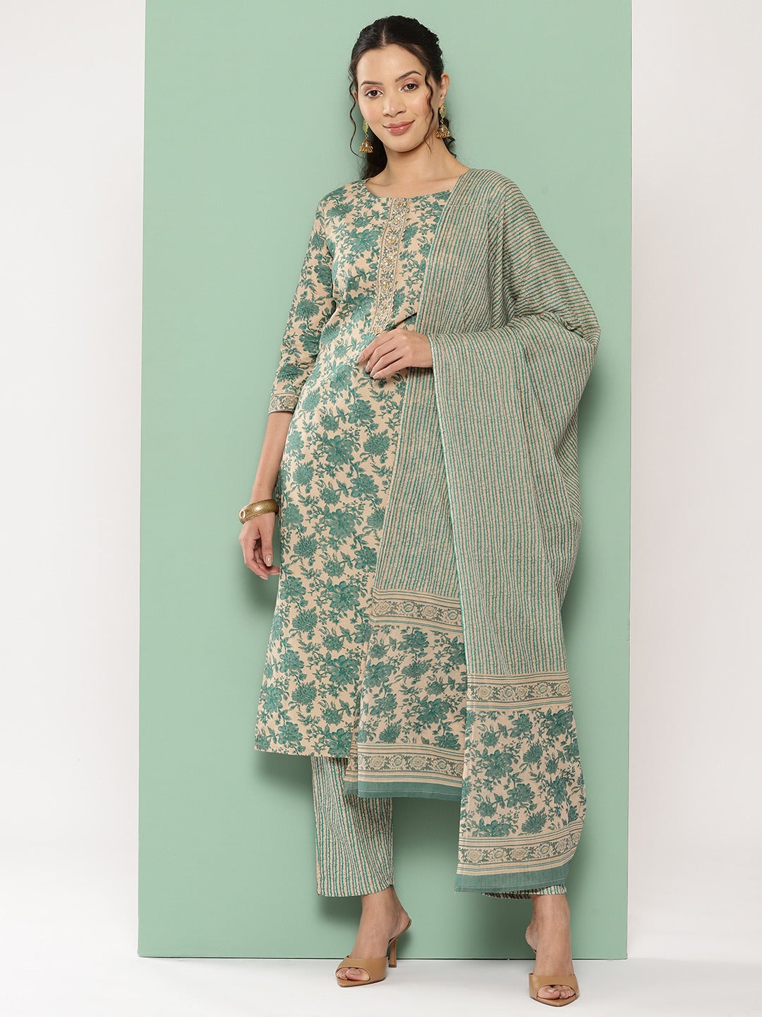 Floral Print Cotton Kurta with Trousers & Dupatta-Yufta Store-1353SKDPCS