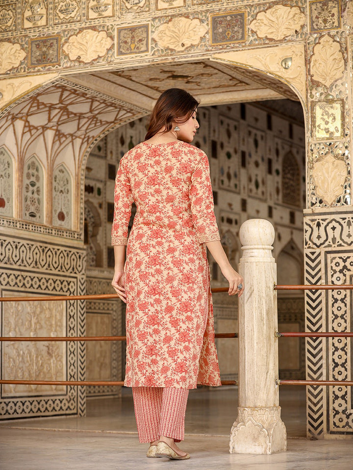 Floral Print Cotton Kurta with Trousers & Dupatta-Yufta Store-1353SKDPCS