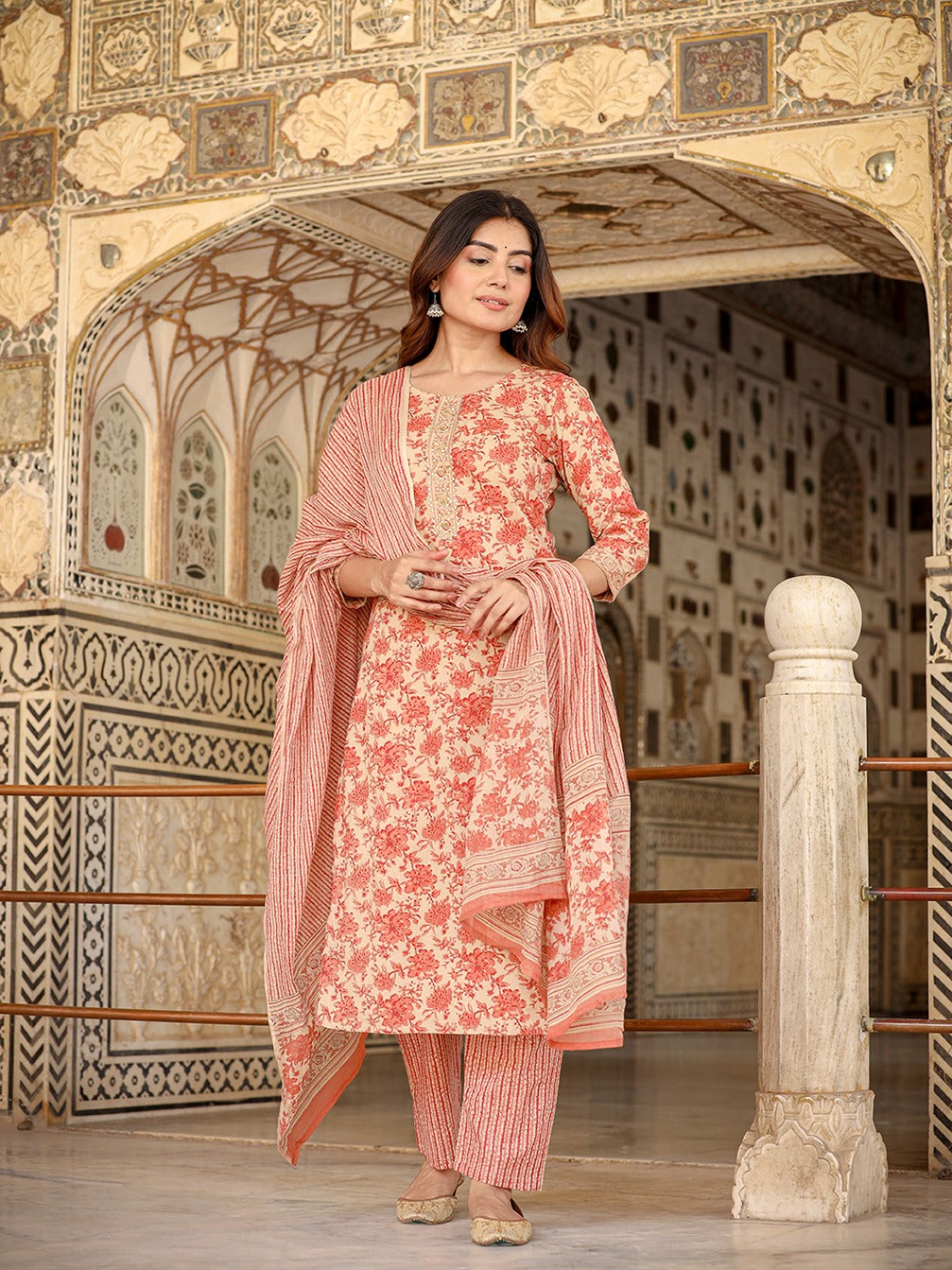 Floral Print Cotton Kurta with Trousers & Dupatta-Yufta Store-1353SKDPCS