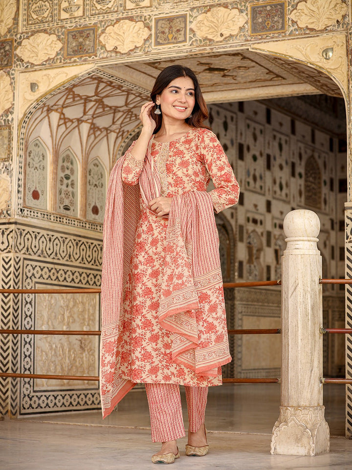 Floral Print Cotton Kurta with Trousers & Dupatta-Yufta Store-1353SKDPCS