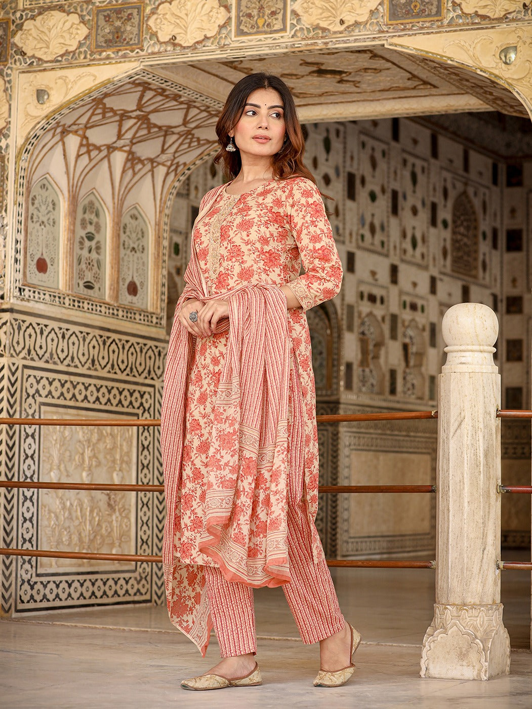 Floral Print Cotton Kurta with Trousers & Dupatta-Yufta Store-1353SKDPCS