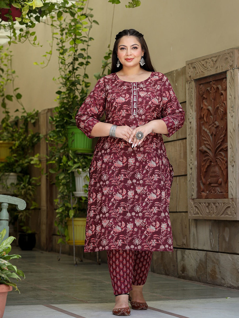 Floral Print Plus Size Gotta Patti Pure Cotton Kurta with Trousers & Dupatta-Yufta Store-1370PSKDMR3XL