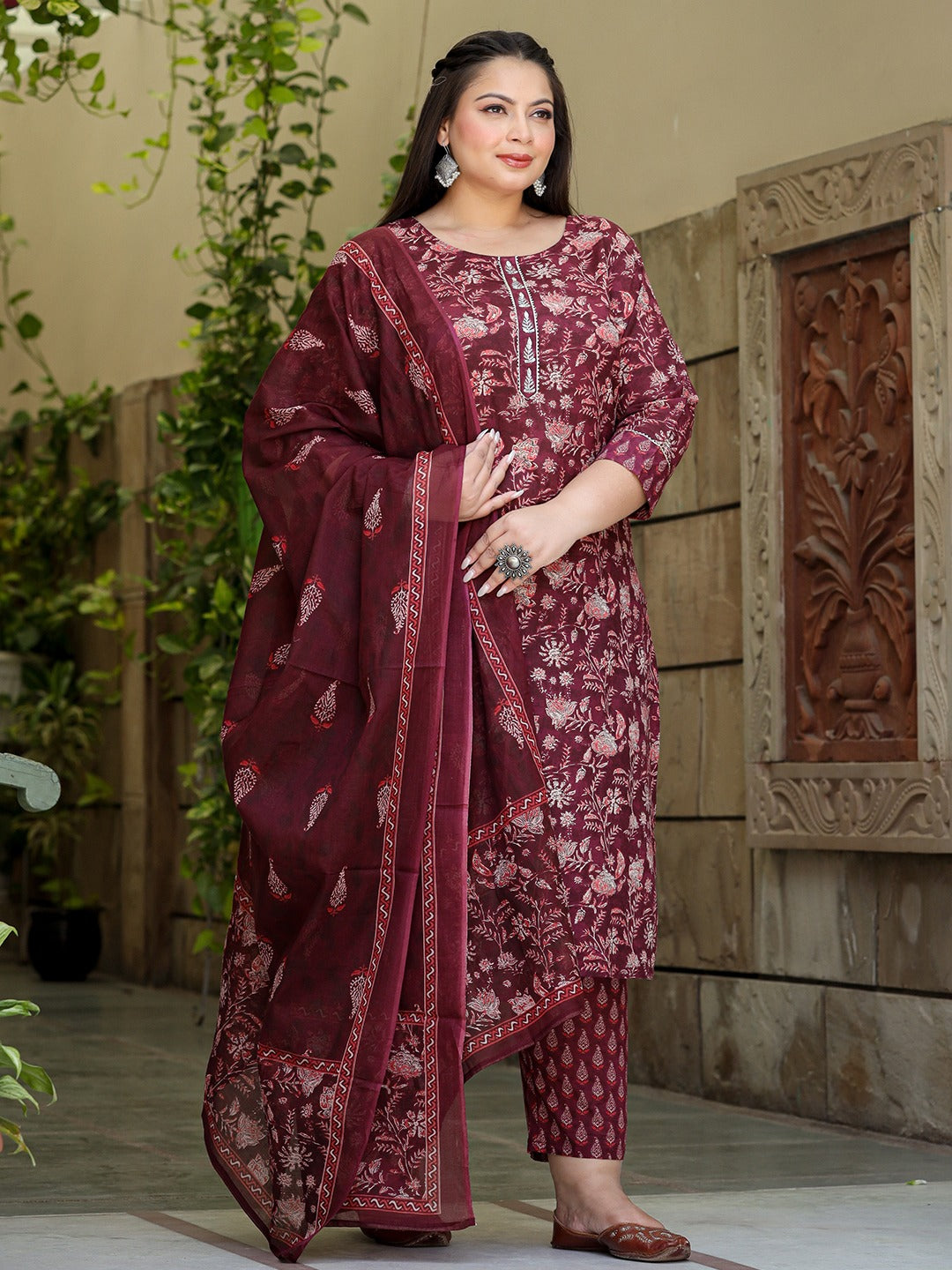 Floral Print Plus Size Gotta Patti Pure Cotton Kurta with Trousers & Dupatta-Yufta Store-1370PSKDMR3XL