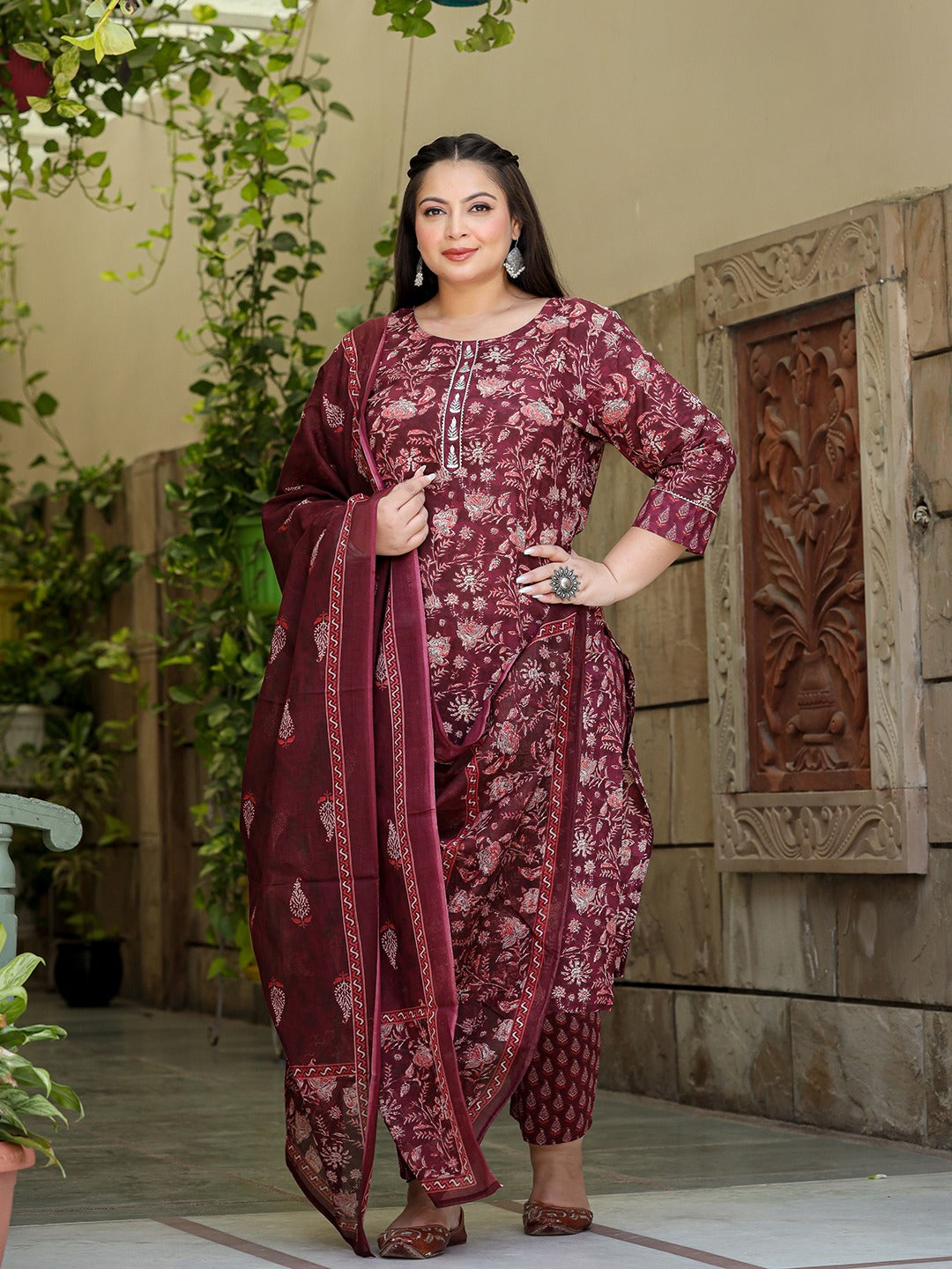 Floral Print Plus Size Gotta Patti Pure Cotton Kurta with Trousers & Dupatta-Yufta Store-1370PSKDMR3XL