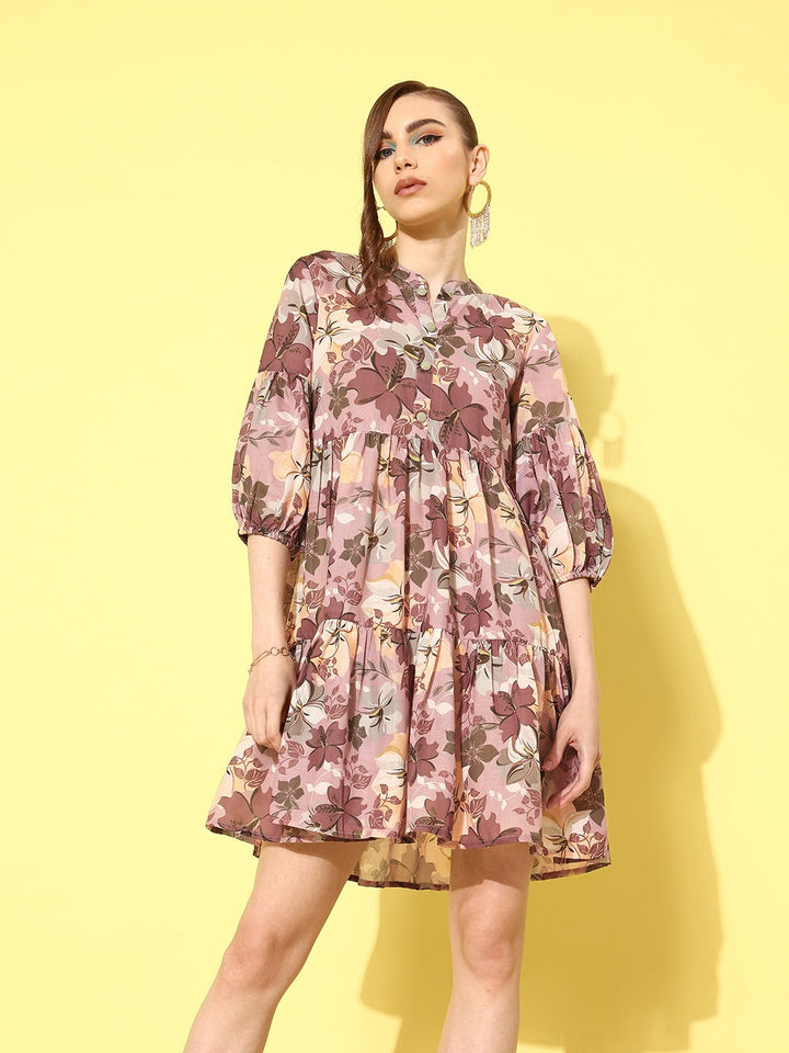 Floral Print Puff Sleeve Fit & Flare Dress-Yufta Store-1429DRSBRS