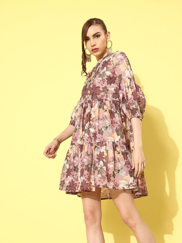 Floral Print Puff Sleeve Fit & Flare Dress-Yufta Store-1429DRSBRS