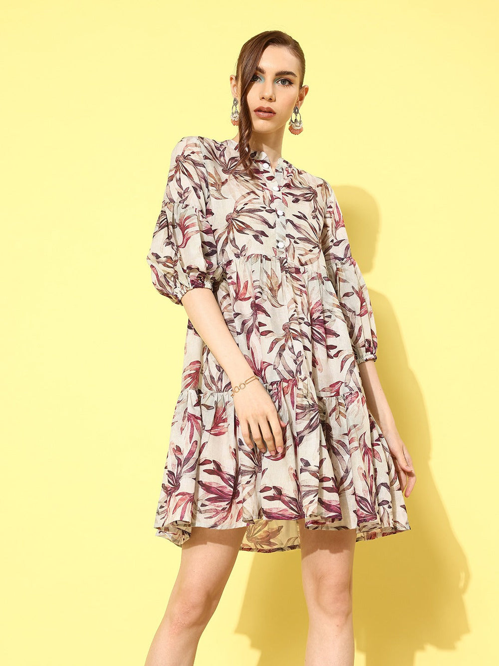 Floral Print Puff Sleeve Fit & Flare Dress-Yufta Store-1431DRSBGS