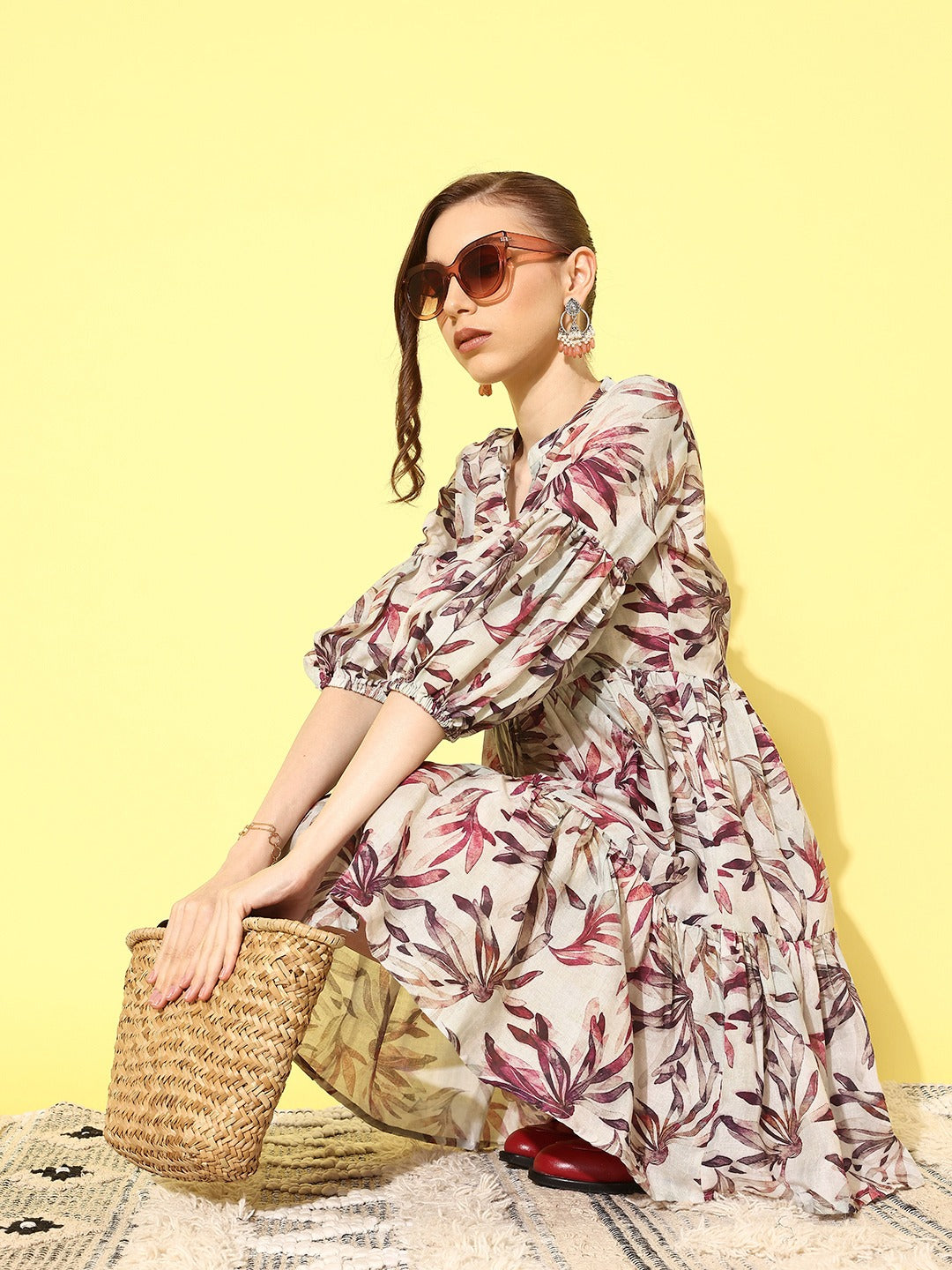 Floral Print Puff Sleeve Fit & Flare Dress-Yufta Store-1431DRSBGS