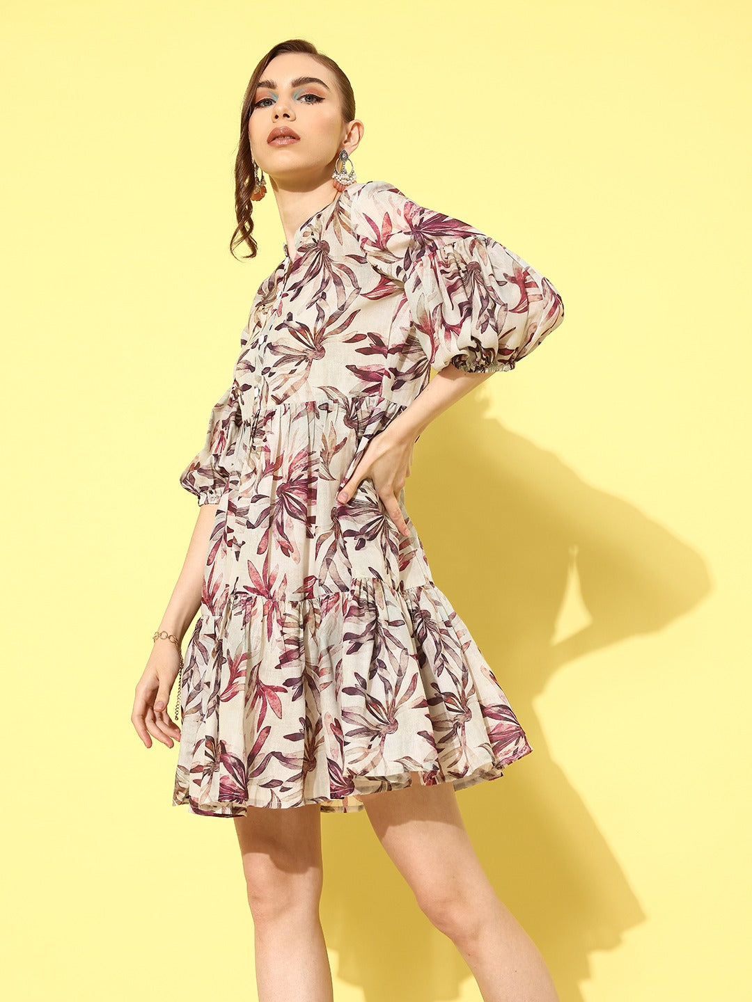 Floral Print Puff Sleeve Fit & Flare Dress-Yufta Store-1431DRSBGS