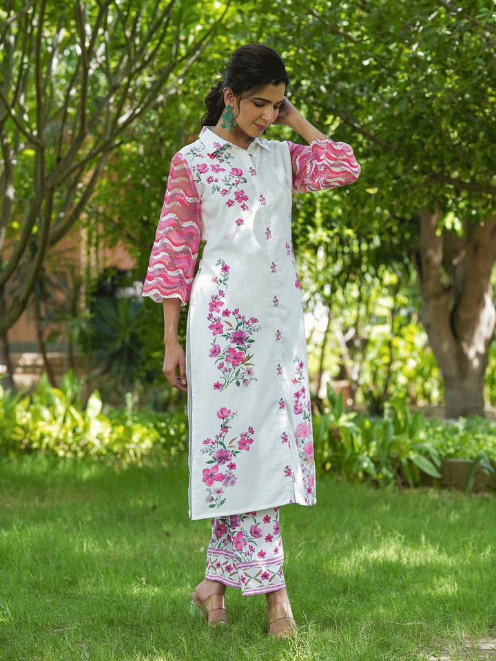Floral Print Shirt Collar Flared Sleeves Straight Pure Cotton Kurta with Trousers Co-Ords-Yufta Store-1494CRDPKS