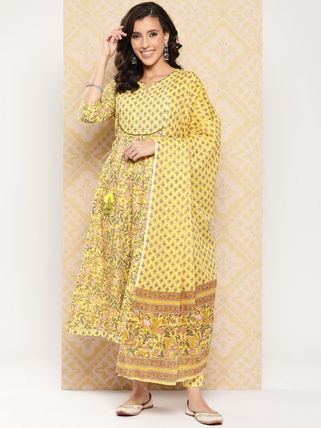 Floral Printed Anarkali Sequinned Pure Cotton Kurta with Trousers & Dupatta-Yufta Store-1509SKDYLS