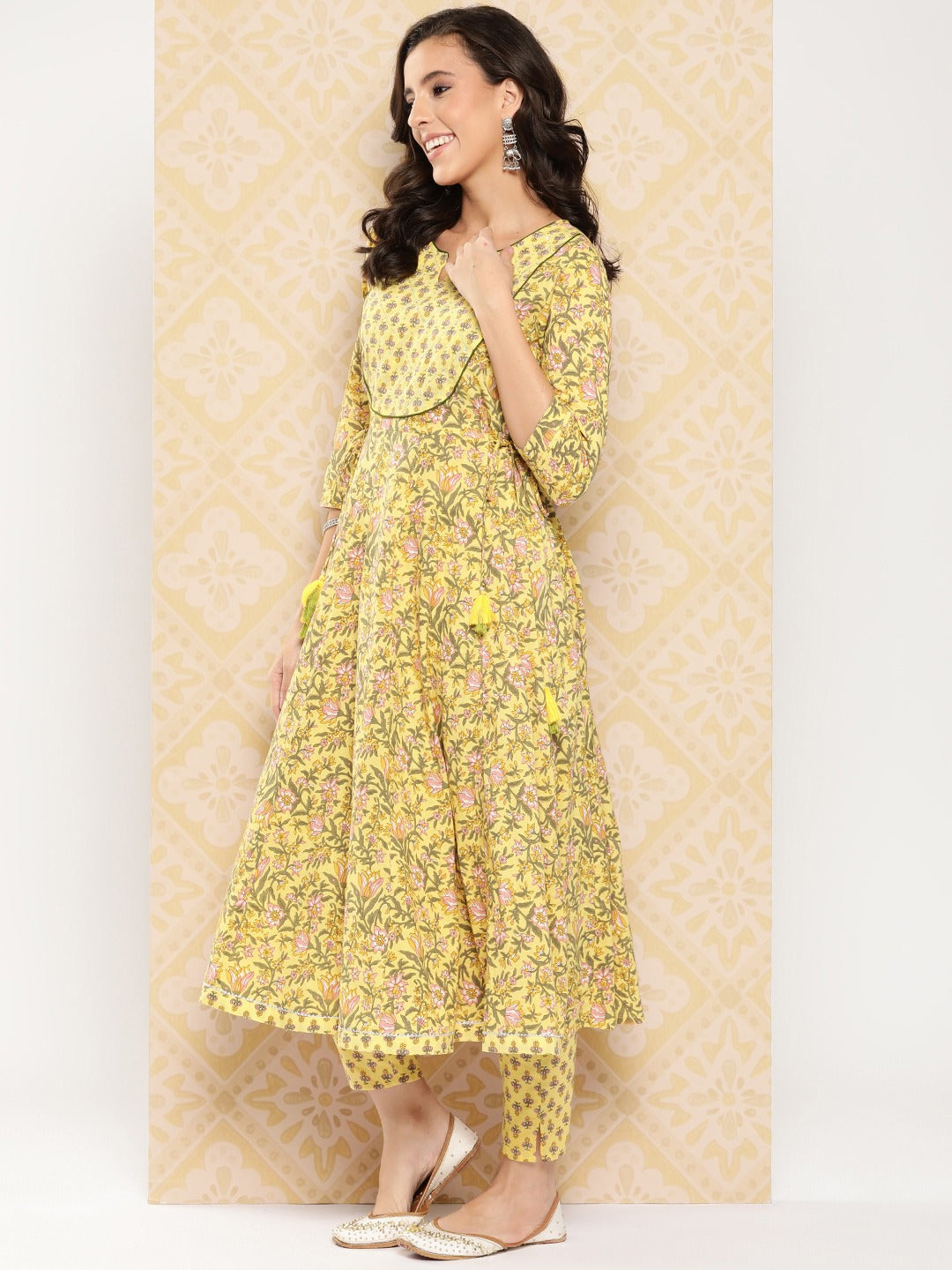 Floral Printed Anarkali Sequinned Pure Cotton Kurta with Trousers & Dupatta-Yufta Store-1509SKDYLS