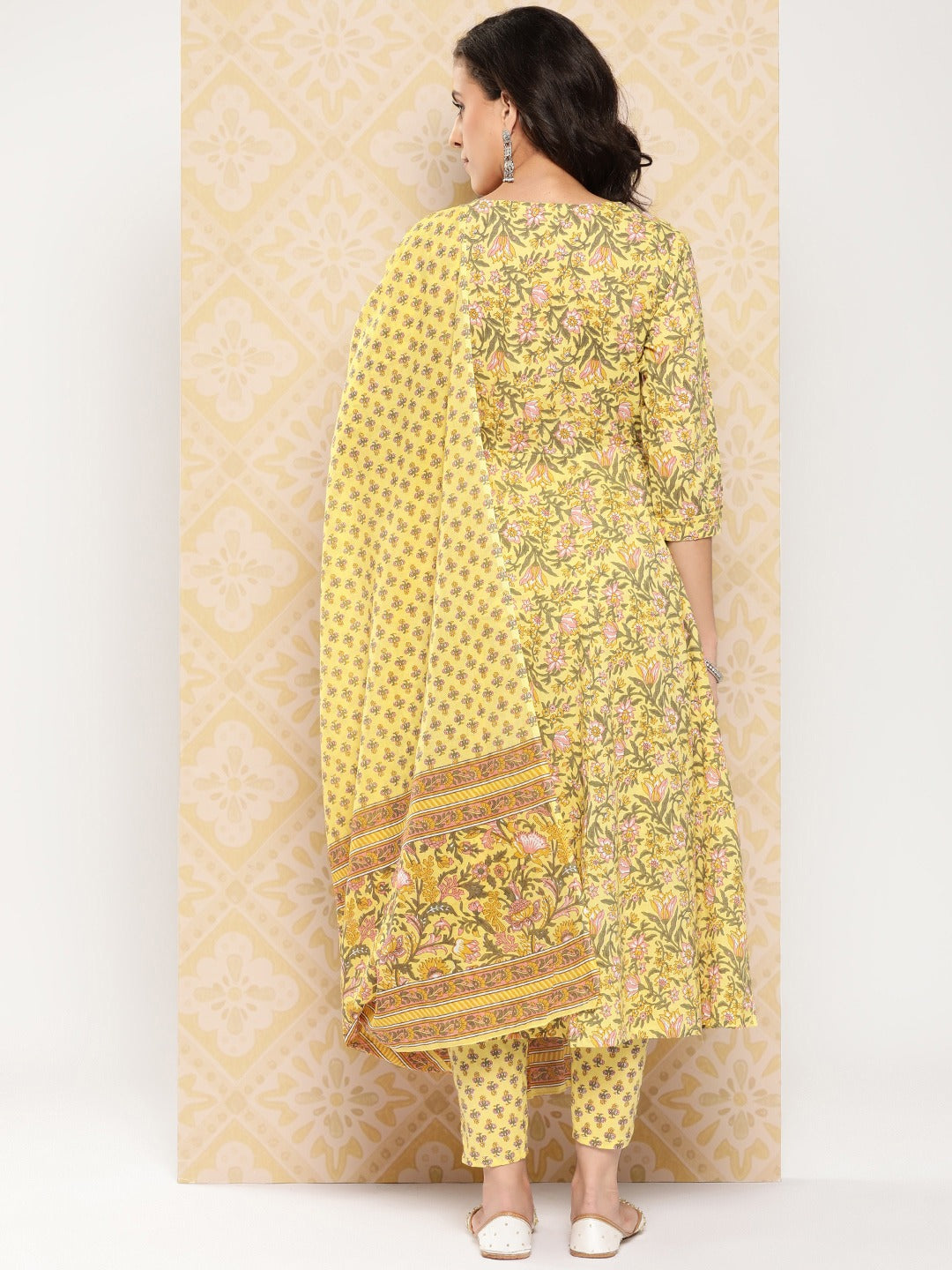 Floral Printed Anarkali Sequinned Pure Cotton Kurta with Trousers & Dupatta-Yufta Store-1509SKDYLS