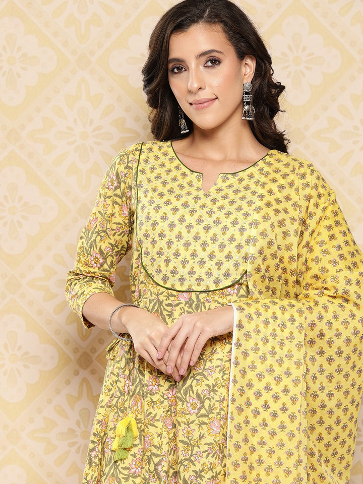 Floral Printed Anarkali Sequinned Pure Cotton Kurta with Trousers & Dupatta-Yufta Store-1509SKDYLS