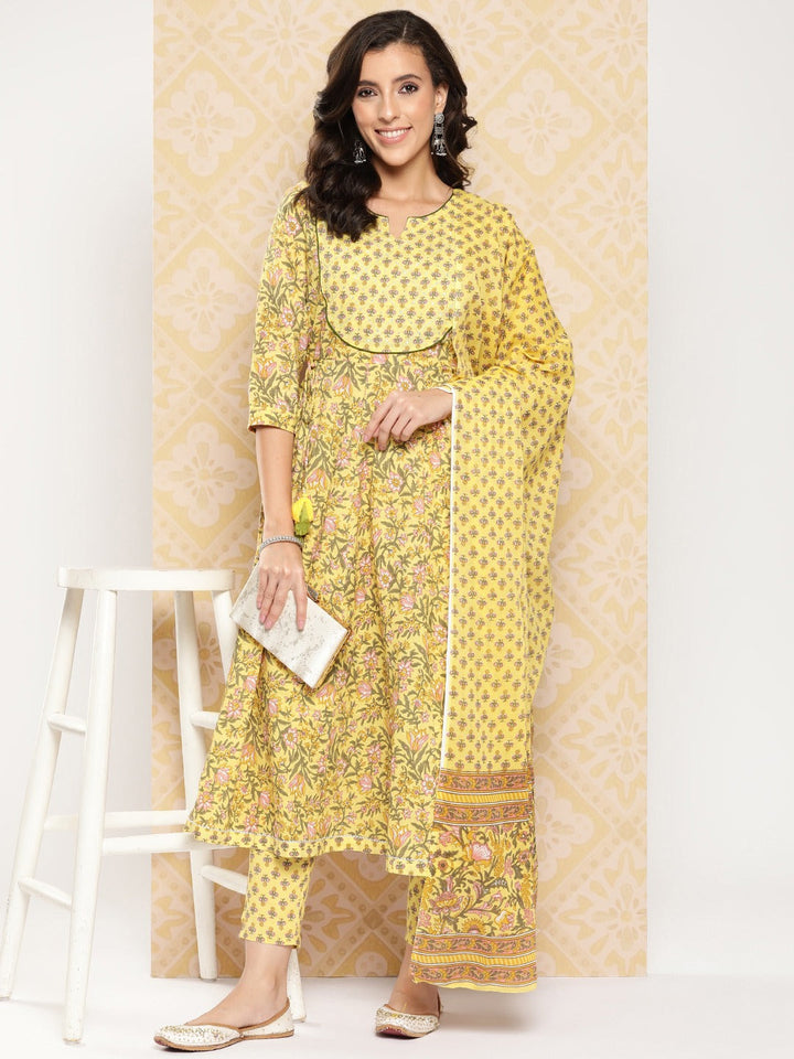 Floral Printed Anarkali Sequinned Pure Cotton Kurta with Trousers & Dupatta-Yufta Store-1509SKDYLS