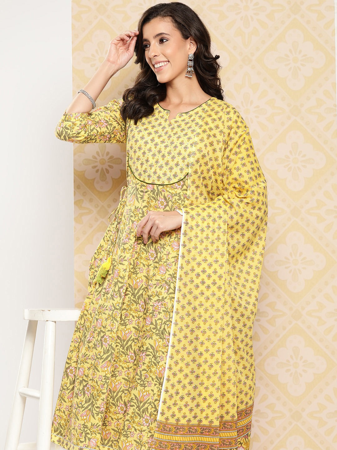 Floral Printed Anarkali Sequinned Pure Cotton Kurta with Trousers & Dupatta-Yufta Store-1509SKDYLS