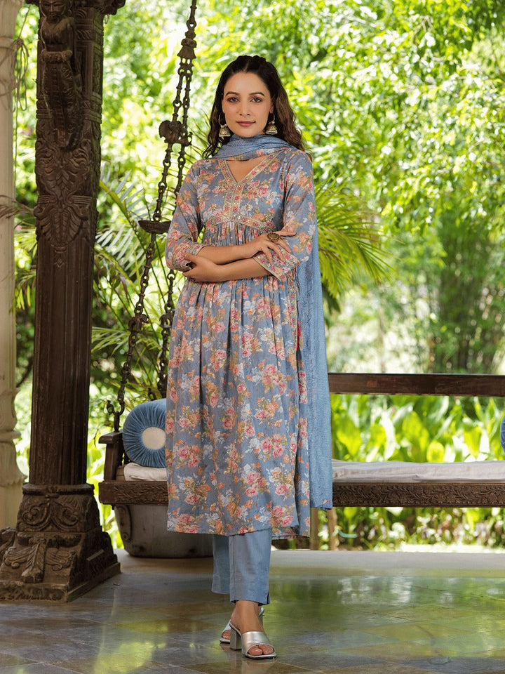 Floral Printed Empire Pure Cotton Kurta With Trousers & Dupatta-Yufta Store-1405SKDSBS