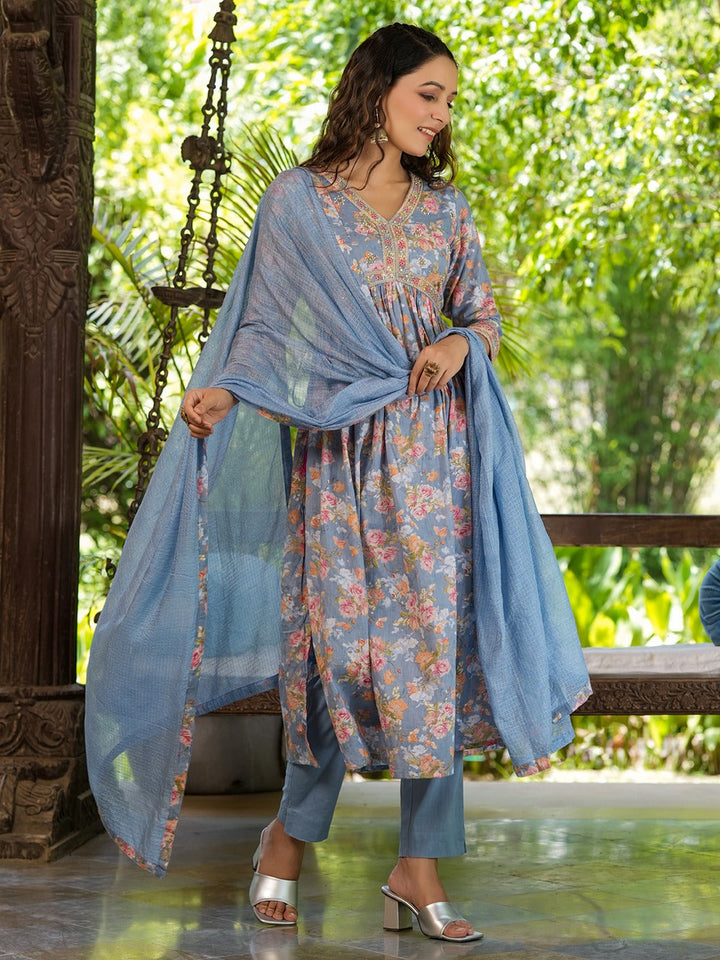 Floral Printed Empire Pure Cotton Kurta With Trousers & Dupatta-Yufta Store-1405SKDSBS