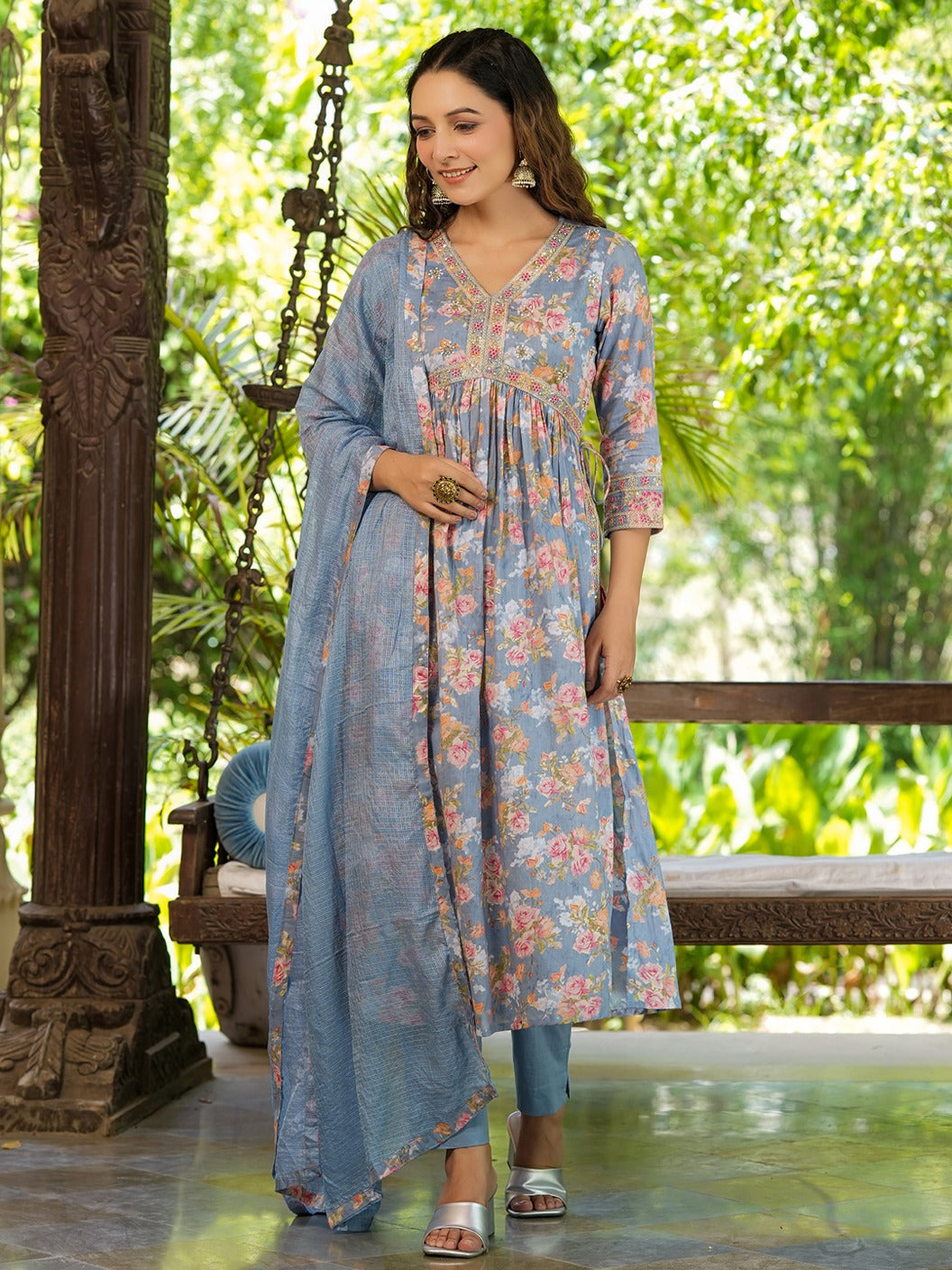 Floral Printed Empire Pure Cotton Kurta With Trousers & Dupatta-Yufta Store-1405SKDSBS