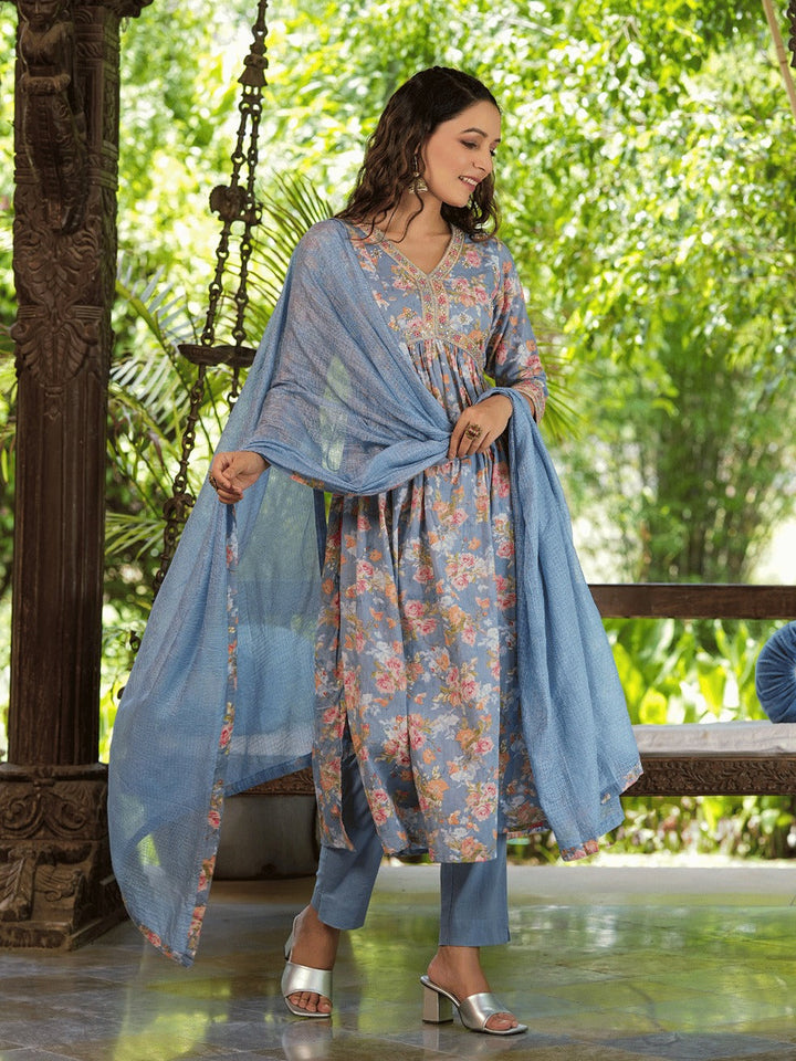Floral Printed Empire Pure Cotton Kurta With Trousers & Dupatta-Yufta Store-1405SKDSBS