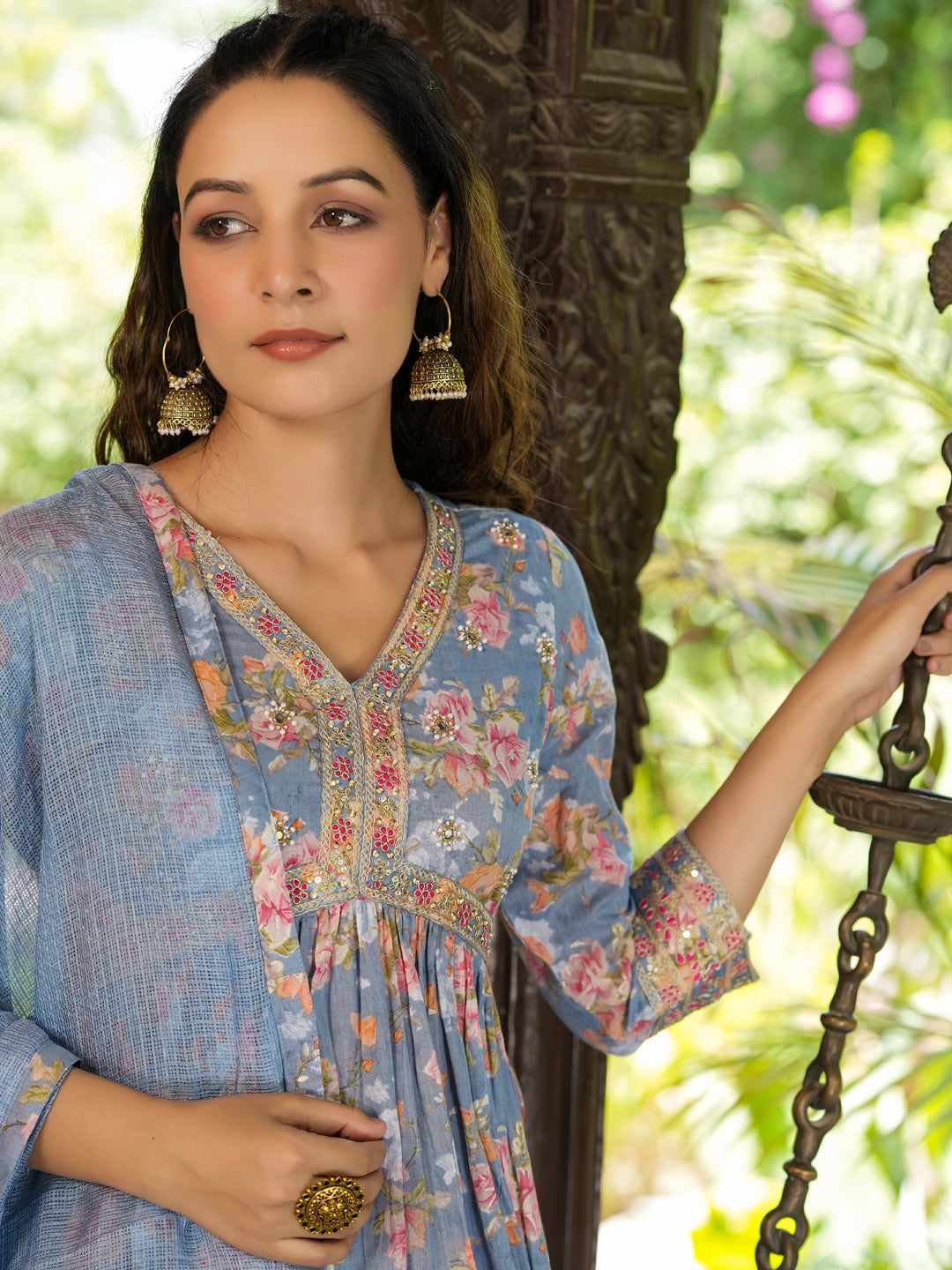 Floral Printed Empire Pure Cotton Kurta With Trousers & Dupatta-Yufta Store-1405SKDSBS