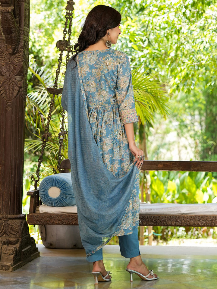 Floral Printed Empire Thread Work Pure Cotton Kurta With Trousers & Dupatta-Yufta Store-1406SKDBLS