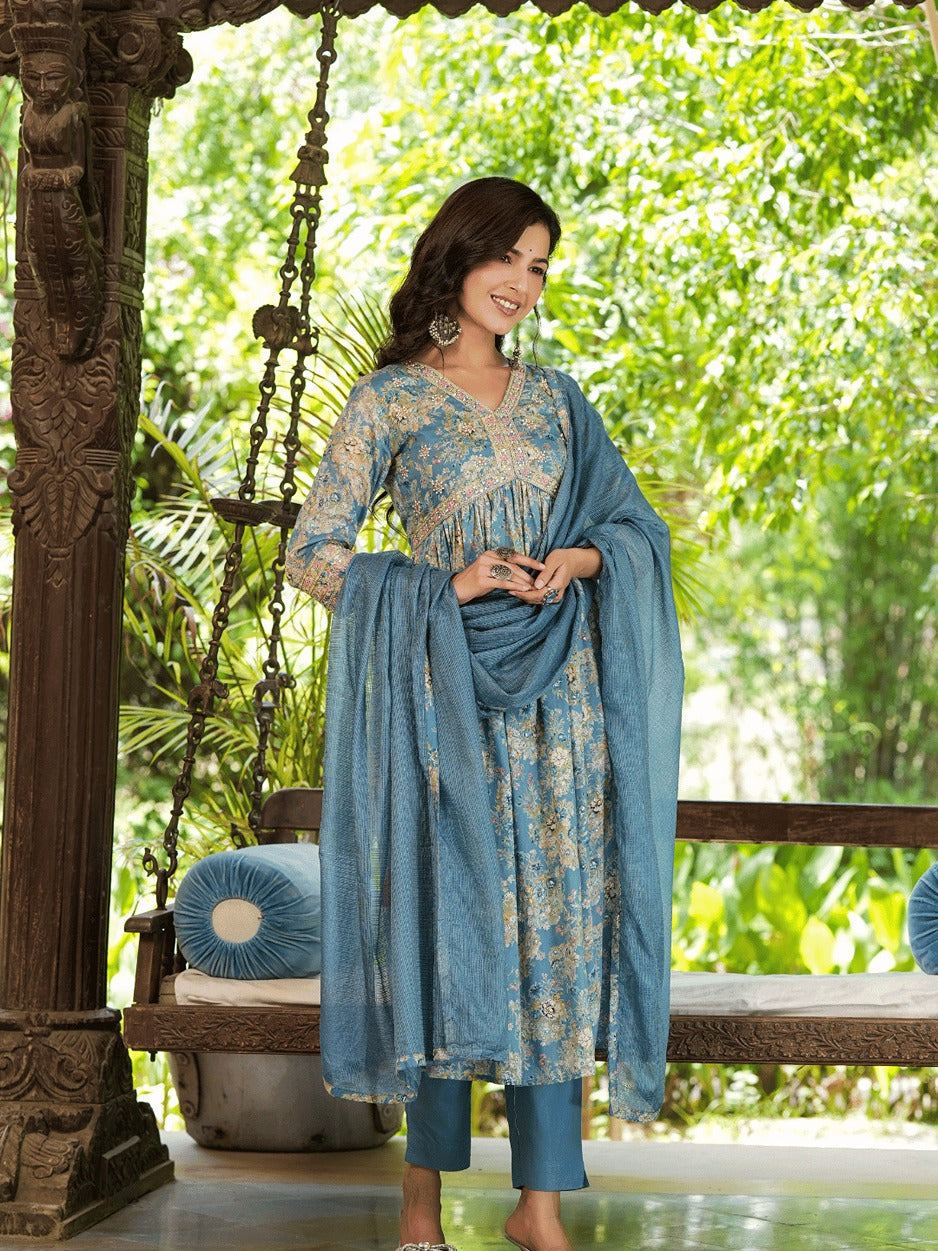 Floral Printed Empire Thread Work Pure Cotton Kurta With Trousers & Dupatta-Yufta Store-1406SKDBLS