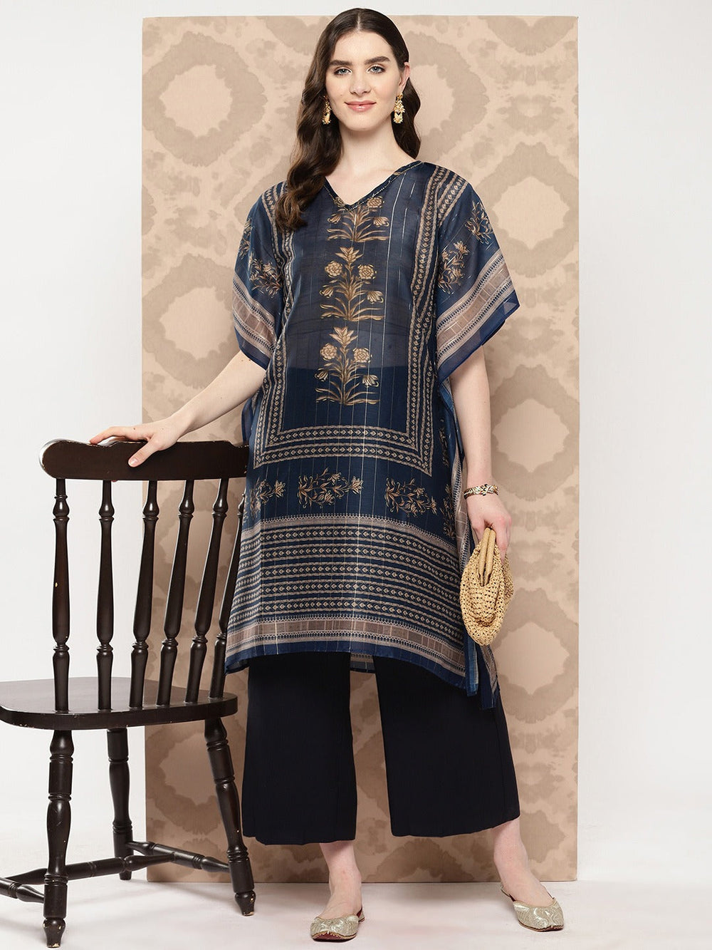 Floral Printed Flared Sleeves Kaftan Kurta-Yufta Store-1459KFTBLS