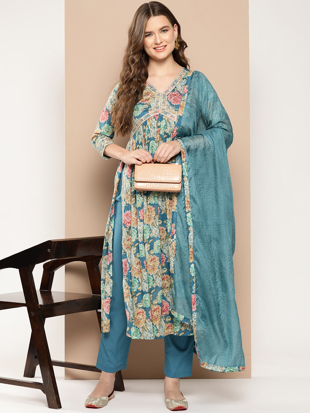 Floral Printed Pleated Patchwork Pure Cotton Kurta with Trousers & Dupatta-Yufta Store-1404SKDTBS
