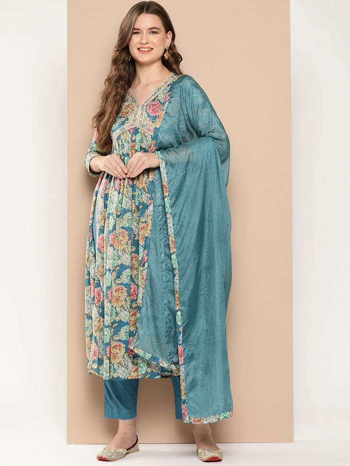 Floral Printed Pleated Patchwork Pure Cotton Kurta with Trousers & Dupatta-Yufta Store-1404SKDTBS